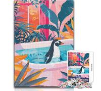 Puzzle da 1000 pezzi per adulti Pinguino nella vasca da bagno con piante tropicali Rilassati durante il tempo libero Giocattolo ad incastro senza cuciture e dal taglio netto Dimensioni 50x75cm