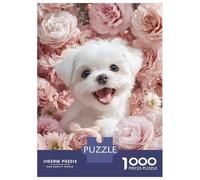 Puzzle Da 1000 Pezzi Per Adulti Puzzle Cute White Dog Surrounded by Pink Flowers Puzzle Giocattolo Decorazione Da Parete Ma Divertente E Umoristico Divertimento A Casa Attività, 38x26cm/1000pcs