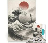 Puzzle da 1000 pezzi per adulti, raffigurante la Grande Onda, il Faro e il Sole Rosso, un gioco interattivo, una gara di velocità manuale con pezzi a incastro di forma casuale 38x26cm