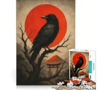 Puzzle da 1000 pezzi per adulti raffigurante un corvo appollaiato sullo sfondo di un sole rosso e di un torii Gioco interattivo decorazione da parete o da scrivania 38x52cm