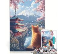 Puzzle da 1000 pezzi per adulti raffigurante un gatto che osserva il Monte Fuji, Giappone Giocattolo educativo, ideale per l'interazione genitore-figlio e come regalo per tutta la famiglia 38x52cm