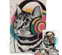 Puzzle da 1000 pezzi per adulti, raffigurante un gatto con le cuffie, gioco pratico, decorazione per la casa, collezione d'artista, opera d'arte 50x75cm