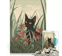 Puzzle da 1000 pezzi per adulti, raffigurante un gatto nero con gigli Gioco pratico, impegnativo e stimolante, ideale come decorazione da scrivania 38x52cm