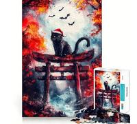 Puzzle da 1000 pezzi per adulti raffigurante un gatto nero in un cancello Torii,con bordi ben definiti,ideale come gioco per allenare la mente,divertente e rilassante,perfetto per decorazioni