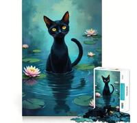 Puzzle da 1000 pezzi per adulti raffigurante un gatto nero tra le ninfee,con bordi ben definiti,ideale come gioco per allenare la mente,divertente e rilassante,perfetto per decorazioni natalizie
