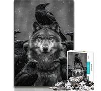 Puzzle da 1000 pezzi per adulti raffigurante un lupo e un corvo in bianco e nero, difficile da completare ma divertente e umoristico, con poster abbinato e foglio di quiz (50x75cm)