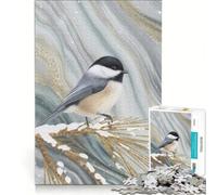 Puzzle da 1000 pezzi per adulti raffigurante una cinciallegra dalla testa nera su un ramo di pino innevato giocattolo fai-da-te allena la mente e la mano con poster e foglio di curiosità abbinati