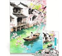 Puzzle da 1000 pezzi per adulti, raffigurante una città con ciliegi in fiore e acqua, gioco pratico, decorazione per la casa, collezione d'artista, opera d'arte 50x75cm