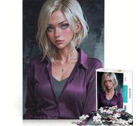 Puzzle da 1000 pezzi per adulti raffigurante una donna bionda con una camicia viola, un gioco fai-da-te per allenare la mente e la manualità, con poster e foglio di curiosità abbinati 38x26cm