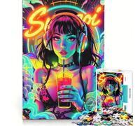 Puzzle da 1000 pezzi per adulti raffigurante una ragazza al neon con bevanda e cuffie giocattolo fai-da-te per divertimento in famiglia e per rafforzare il legame di coppia 38x52cm