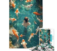 Puzzle da 1000 pezzi per adulti raffigurante una ragazza in uno stagno con carpe koi Un gioco impegnativo da completare ideale per la decorazione della casa e per ragazzi dai 14 anni in su (50x75cm)