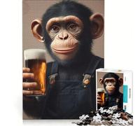 Puzzle da 1000 pezzi per adulti raffigurante uno scimpanzé con un bicchiere di birra, antistress, decorazione perfetta, con poster e foglio di curiosità abbinati 38x26cm