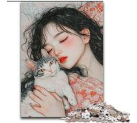 Puzzle da 1000 pezzi per adulti, ragazza addormentata e gatto, in legno, idea regalo unica per la casa fai da te, dimensioni 50X75cm, attività per adulti e famiglie, regalo per la casa fai da te