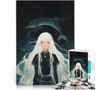 Puzzle da 1000 pezzi per adulti Ragazza dai capelli bianchi con costellazione di delfini Assemblaggio del modello decorazione murale 38x26cm