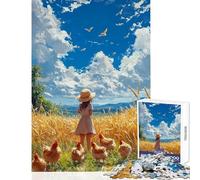 Puzzle da 1000 pezzi per adulti Ragazza in un campo di grano con galline gioco impossibile sfida impegnativa giocattolo fai da te per rafforzare l'amore tra le coppie (50x75cm)