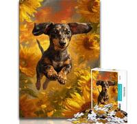 Puzzle da 1000 pezzi per adulti,regali per ragazzi con bassotto che corre tra i girasoli,puzzle per trascorrere il tempo in casa con pezzi completamente interconnessi e di forma casuale (38x26cm)