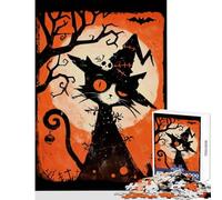 Puzzle da 1000 pezzi per adulti retrò spettrale Halloween gatto nero con luna decorazione per la casa giocattoli regalo di compleanno gioco educativo con poster abbinato e foglio di quiz 38x26cm