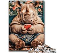 Puzzle da 1000 pezzi per adulti, rinoceronte che gioca con il cellulare, gioco educativo per famiglie, decorazione da parete, regali unici per compleanno e Natale, 38x26cm