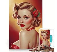Puzzle da 1000 pezzi per adulti,ritratto di una pin-up bionda con abito rosso,decorazione a incastro,gioco cognitivo divertente,gioco di pace,attività per compleanno 38x52cm
