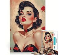 Puzzle da 1000 pezzi per adulti,ritratto di una pin-up bruna con rose rosse,pezzi ben definiti,gioco di abilità mentale,momento di relax e divertimento,scena natalizia (38x52cm)