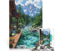 Puzzle da 1000 pezzi per adulti River House Mountain per il giocattolo di sfida del gioco educativo con poster abbinato e foglio di quiz 52x38cm