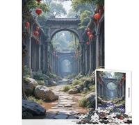 Puzzle da 1000 pezzi per adulti Rovine di un tempio asiatico invaso dalla vegetazione con lanterne Gioco pratico adatto alle coppie antistress allena la mente e la mano (38x52cm)