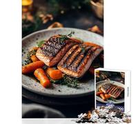 Puzzle da 1000 pezzi per adulti Salmone alla griglia con carote arrostite giocattoli antistress regalo per compleanni gioco educativo con poster abbinato e foglio di quiz dimensioni 38x52cm
