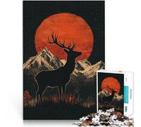 Puzzle da 1000 pezzi per adulti Silhouette di cervo sotto la luna rossa Sollievo dallo stress Lista dei desideri con Babbo Natale 52x38cm