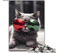 Puzzle da 1000 pezzi per adulti, simpatico gattino con occhiali da sole in legno, per adolescenti dai 14 anni in su, decorazione per la casa 50x75cm per compleanni, feste e occasioni speciali