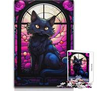 Puzzle da 1000 pezzi per adulti, simpatico gatto nero, vetro macchiato, rilassante, per il tempo libero, preciso, ad incastro, giocattolo di precisione, dimensioni 38x26cm