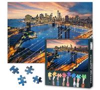 Puzzle da 1000 pezzi per adulti - Skyline di New York al tramonto con Brooklyn Bridge Art & Premium Puzzle Board, puzzle architettonico urbano, 70 x 50 cm