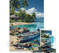 Puzzle da 1000 pezzi per adulti, spiaggia tropicale con barca e capanna, pezzi ben definiti, gioco di abilità mentale, momento di relax, divertente, scena natalizia (38x26cm)