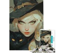 Puzzle da 1000 pezzi per adulti strega con gatto nero gioco educativo decorazione perfetta gioco stimolante e divertimento per tutta la famiglia (38x26cm)