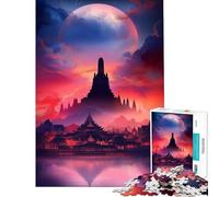 Puzzle da 1000 pezzi per adulti Tempio stilizzato sotto la luna gigante Gioco intellettuale rompicapo analisi e logica Ottimo regalo e giocattolo (Dimensioni 38x52cm)