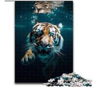 Puzzle da 1000 pezzi per adulti,tigre che si tuffa nell'acqua blu,in legno,perfetto come regalo di compleanno,Natale e Halloween,50x75cm,decorazione artistica fai da te,regalo di compleanno perfetto