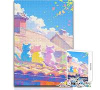 Puzzle da 1000 pezzi per adulti "Tre gatti sul tetto", rilassante e calmante, hobby da interni, giocattolo per il tempo libero, vestibilità precisa, dimensioni 38x52cm