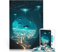 Puzzle da 1000 pezzi per adulti UFO sopra il paesaggio urbano Giocattoli da gioco per regalo di famiglia Regalo di compleanno, regali, arte murale 52x38cm
