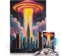 Puzzle da 1000 pezzi per adulti UFO sopra il paesaggio urbano Giocattolo educativo per l'apprendimento perché è ideale come regalo per tutta la famiglia 52x38cm
