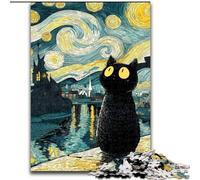 Puzzle da 1000 pezzi per adulti Van Gogh Cielo notturno Gatto nero in legno,un regalo perfetto per il divertimento in famiglia,50X75cm,per decorazioni per la casa,allenamento del cervello e regali