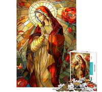 Puzzle da 1000 pezzi per adulti Vergine Maria con rose in vetro colorato puzzle per ragazzi gioco per famiglie decorazione per la casa difficile e stimolante (dimensioni 38x26cm)