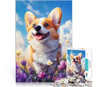 Puzzle da 1000 pezzi per adulti Welsh Corgi sorridente tra i fiori Gioco a quiz con pezzi completamente interconnessi di forma casuale 75x50cm