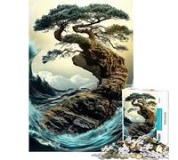 Puzzle da 1000 pezzi per ragazzi albero bonsai su una scogliera con onde puzzle per adulti gioco pratico ideale per passare il tempo durante le vacanze perfetto come regalo (dimensioni 38x52cm)