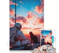 Puzzle da 1000 pezzi per ragazzi: astronauta e gatto che osservano il tramonto su un paesaggio urbano, gioco educativo, corsa a tempo, collezione d'artista, belle arti 50x75cm