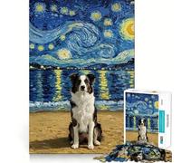 Puzzle da 1000 pezzi per ragazzi cane Border Collie sulla spiaggia con cielo stellato Disegno preciso,gioco per stimolare la mente,momento di relax,divertimento per il compleanno 50x75cm