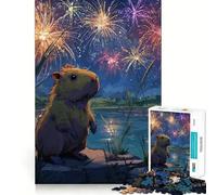 Puzzle da 1000 pezzi per ragazzi Capibara che guarda i fuochi d'artificio,illustrazione con tagli netti,gioco cognitivo divertente,gioco per il tempo libero,decorazione natalizia per la casa (38x26cm)