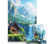 Puzzle da 1000 pezzi per ragazzi Casetta vicino a una cascata in un paesaggio montano Taglio netto Gioco cognitivo divertente per il tempo libero Decorazione natalizia per la casa (38x52cm)