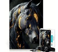 Puzzle da 1000 pezzi per ragazzi Cavallo nero con venature dorate,sagoma precisa dell'animale,gioco stimolante per la mente,ideale per il relax,perfetto per il tempo libero a Natale 38x52cm