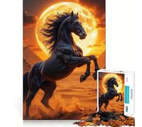 Puzzle da 1000 pezzi per ragazzi Cavallo nero impennato sotto la luna piena Opera d'arte con tagli precisi,gioco per allenare la mente,momento di relax,divertimento per il compleanno 38x26cm