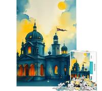 Puzzle da 1000 pezzi per ragazzi chiesa ad acquerello al tramonto giocattolo educativo giochi didattici taglio di precisione opera d'arte regalo (dimensioni 38x52cm)