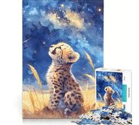 Puzzle da 1000 pezzi per ragazzi con cucciolo di ghepardo ad acquerello che guarda le stelle Giocattolo educativo sfida impegnativa ideale come regalo 38x26cm